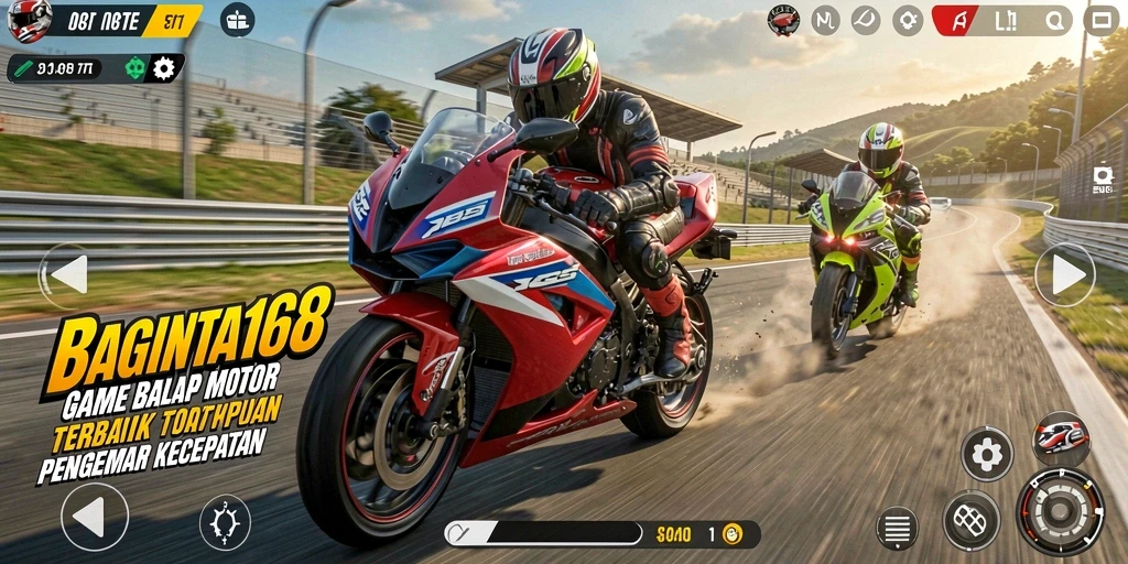 Screenshot utama BAGINTA168 menampilkan aksi balapan motor yang seru.