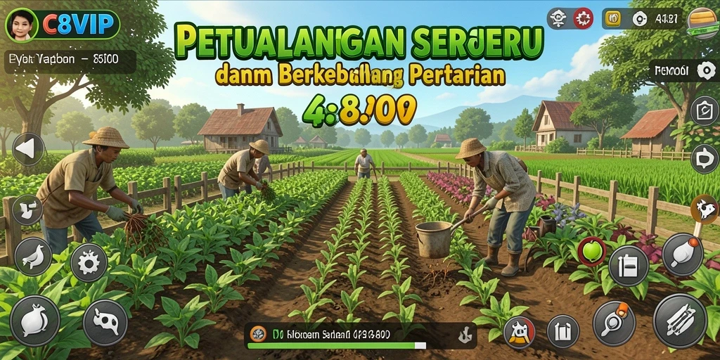 Screenshot gameplay C8VIP menunjukkan ladang yang subur dan hewan ternak yang aktif.