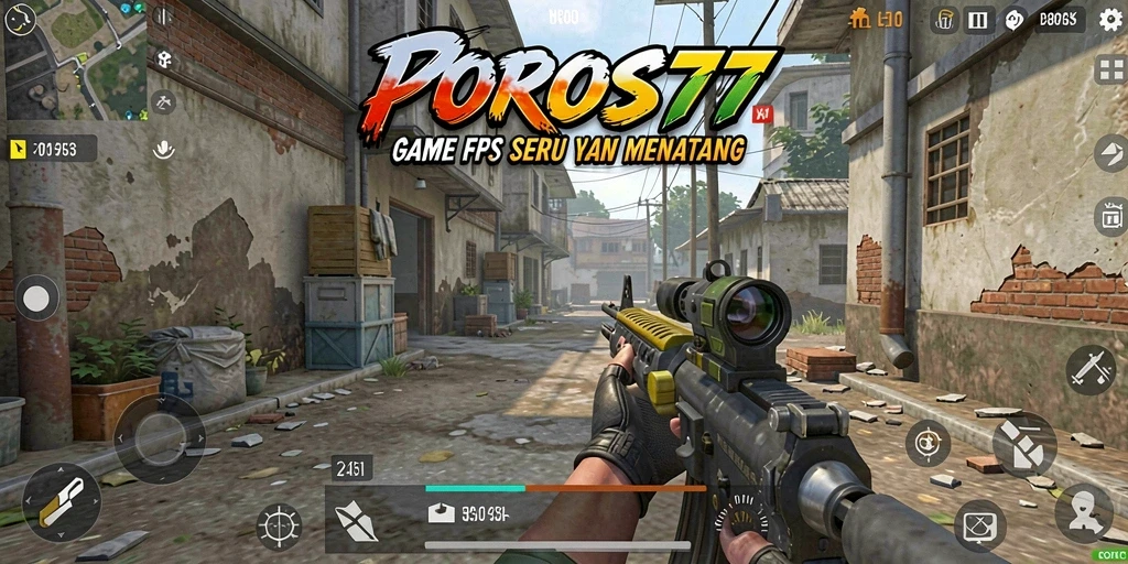 Tampilan menegangkan dari permainan FPS di POROS77 saat menembak dari tempat persembunyian.
