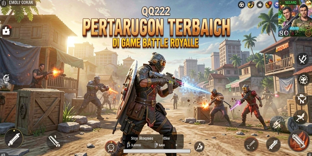 Screenshot gameplay QQ222 menunjukkan aksi Battle Royale yang mendebarkan.